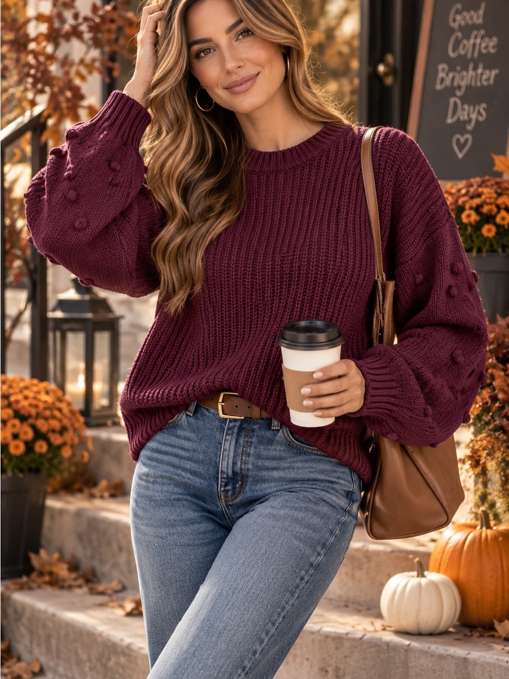 dip Burgundy Ribbed Bobble-Sleeve Crewneck Sweater